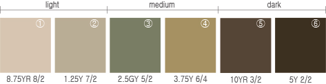 light:8.75YR 8/2, 1.25Y 7/2 Medium:2.5GY 5/2, 3.75Y 6/4 Dark:10YR 3/2, 5Y 2/2